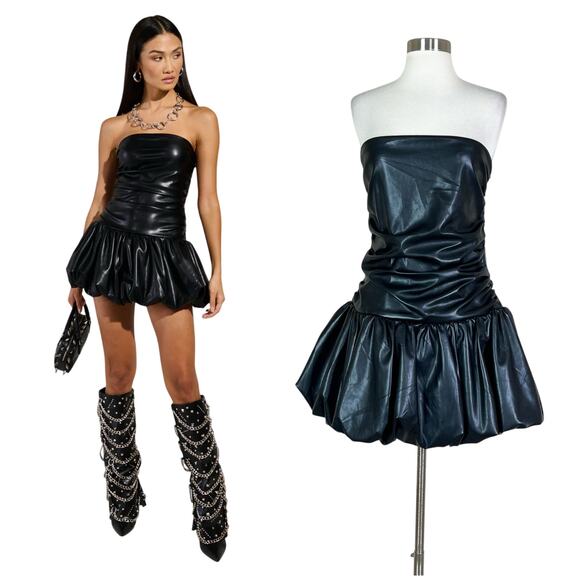 AKIRA Dresses & Skirts - AKIRA | Black Faux Leather Bubble Hem Fitted Drop Waist Strapless Mini Dress XL